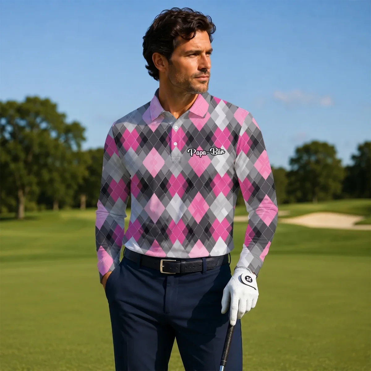 Personalisiertes Golf Poloshirt Rosa Graues Rauten Muster für Herren Z9376 – Bild 6